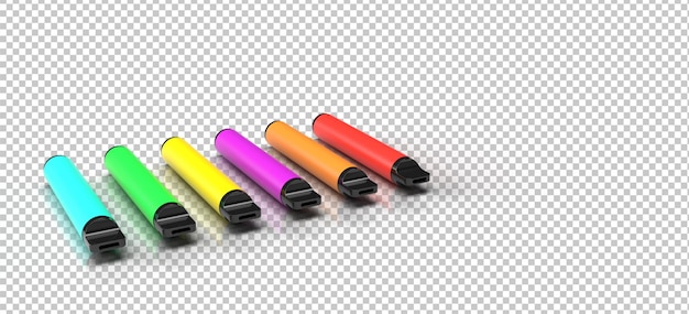 Multicolor disposable vape products that have been isolated with a transparent background