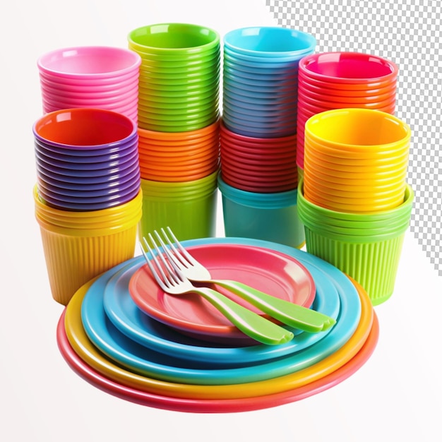 PSD multicolored plastic tableware on transparent background