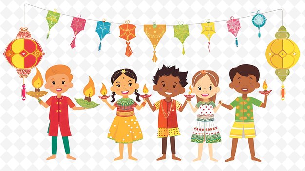 PSD multicultural children participating in diwali festival desi flat illustration culture character