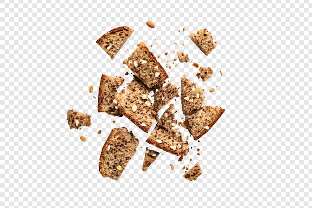 PSD multigrain bread pieces with seeds isolated on a transparent background