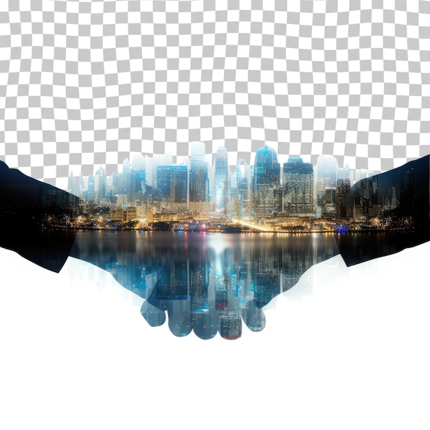 Multiple exposure of handshake over night cityscapes and world map Isolated on transparent backgrou