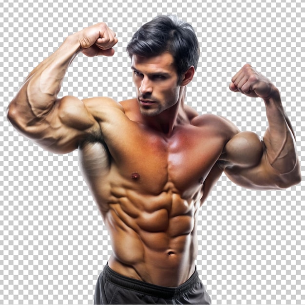 muscular man squeezing the biceps on transparent background