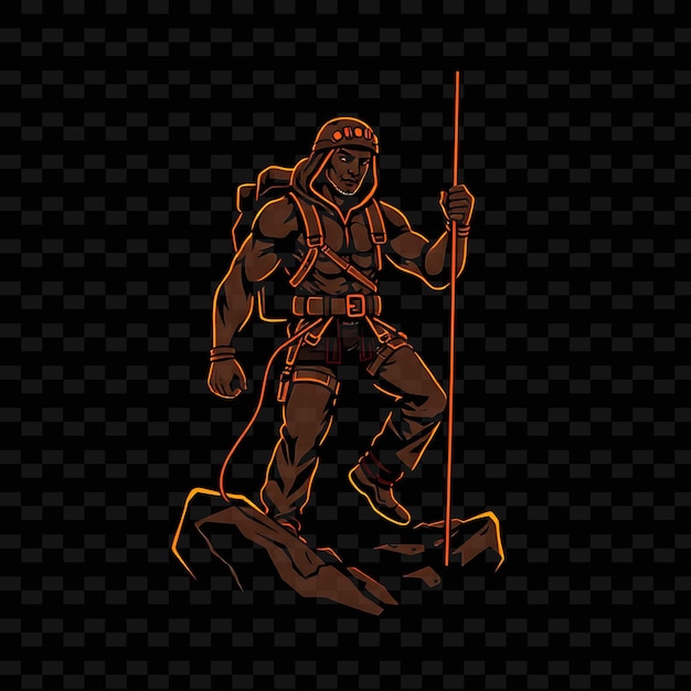 Muscular Rock Climber With Gear Neon Peak Art Design With Rugged Brown and Orange Mixed Color Decora