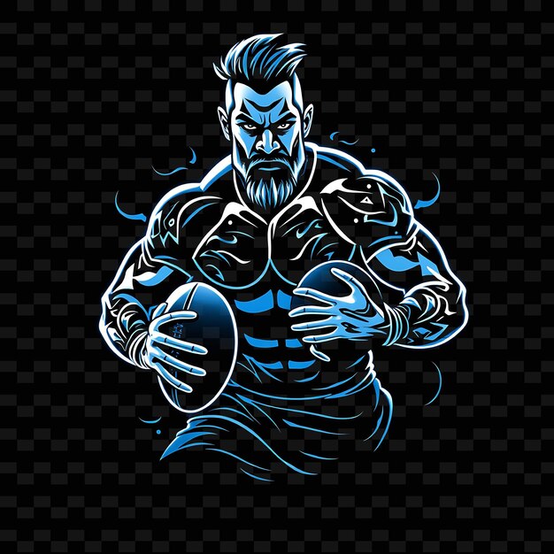 PSD muscular rugby player neon tribal art design with dark blue and white mixed color decorated with tri