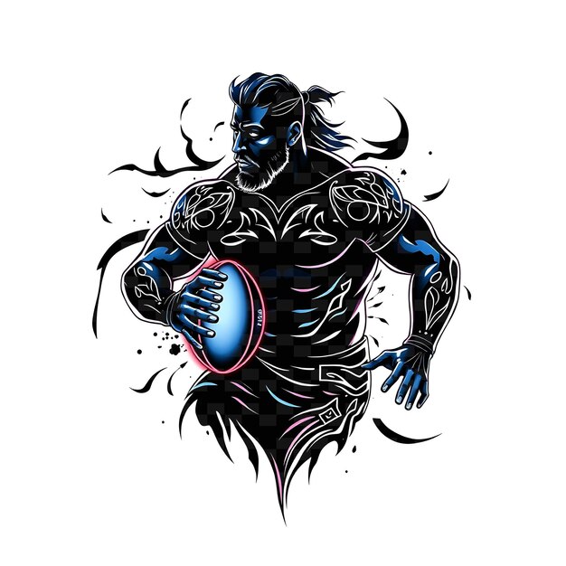 Muscular Rugby Player Neon Tribal Art Design With Dark Blue and White Mixed Color Decorated With Tri