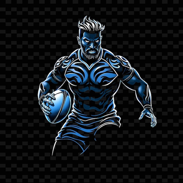 Muscular Rugby Player Neon Tribal Art Design With Dark Blue and White Mixed Color Decorated With Tri