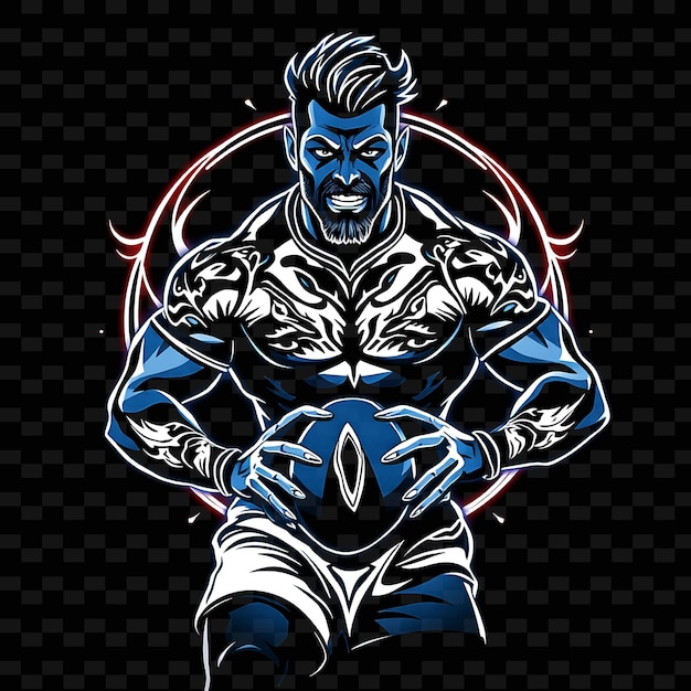 Muscular Rugby Player Neon Tribal Art Design With Dark Blue and White Mixed Color Decorated With Tri