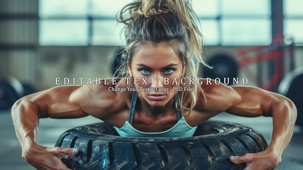 PSD muscular woman doing tire flip workout