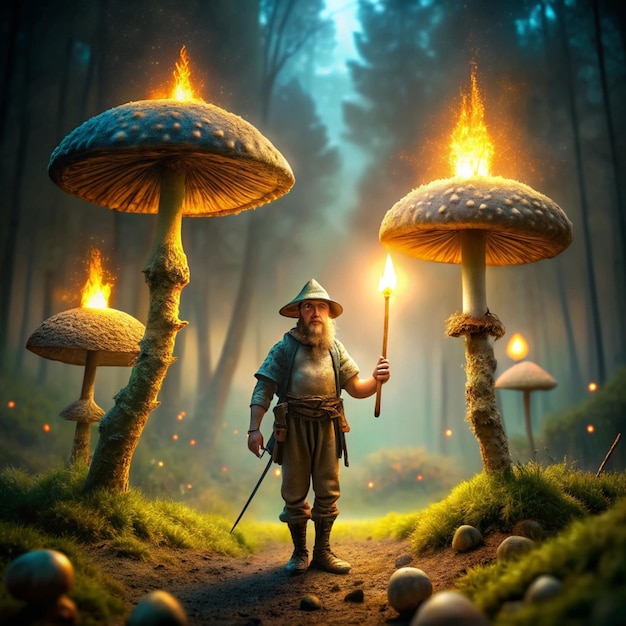 PSD mushroom man standing in the ground with two torch