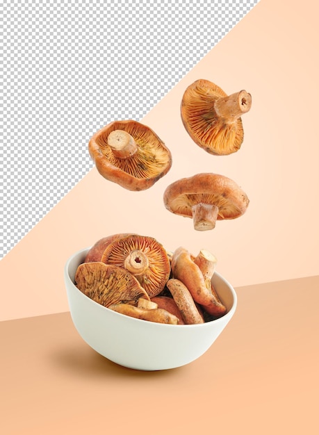 Mushroom mockup falling into bowl on cream background