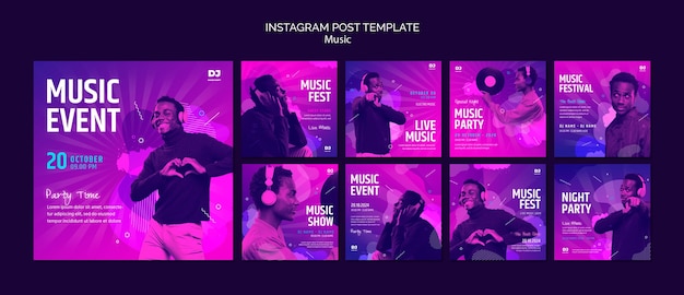 PSD music event instagram posts collection with gradient light