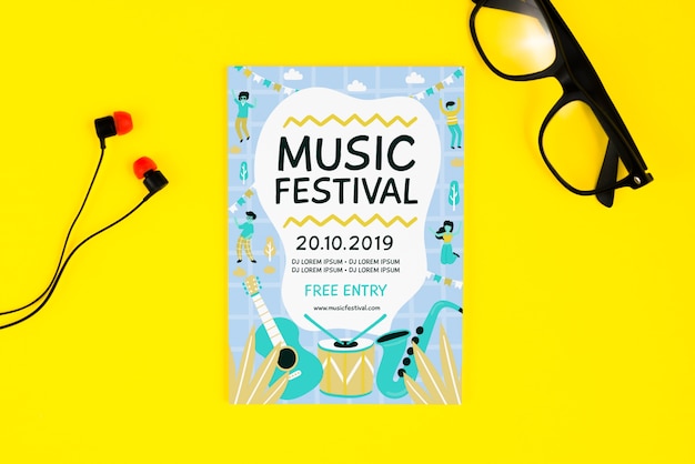 Music festival flyer with glasses and headphones beside