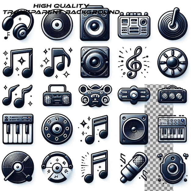 Music icons for audio store recording studio label podcast and radio station on transparent backg