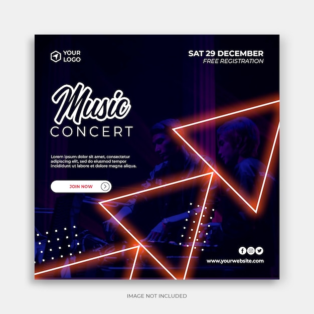 Music party concept banner template with futuristic neon poster design