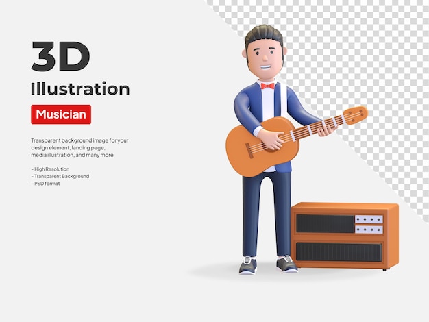 Musician playing acoustic guitar character 3d illustration render