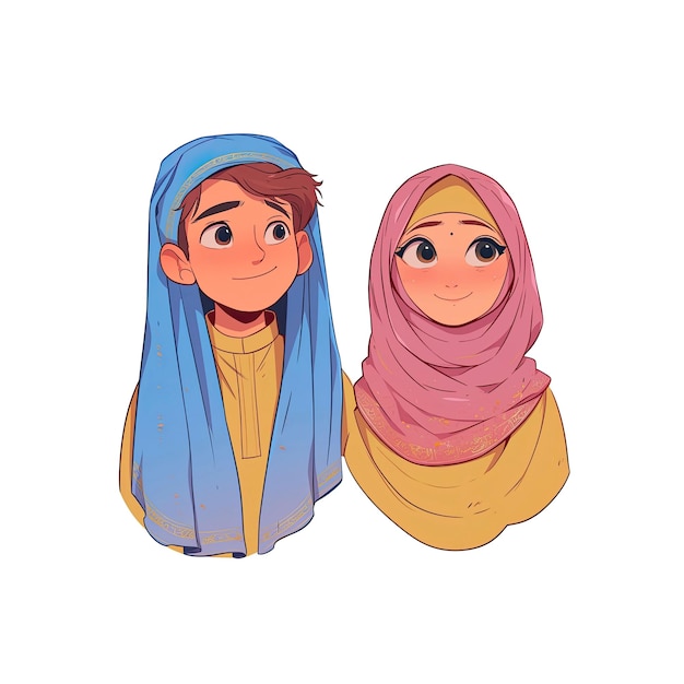 Muslim Boy And Girl Their Faces Radiant Cartoon Illustration