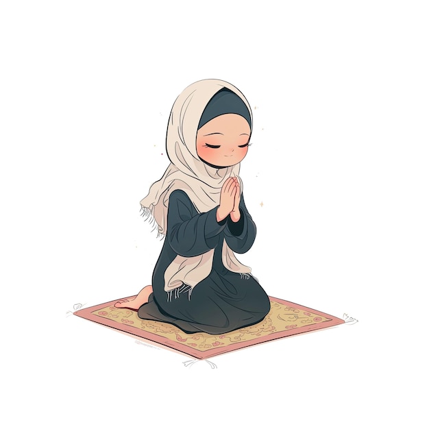 Muslim Girl Sitting On A Prayer Rug While Cartoon Illustration