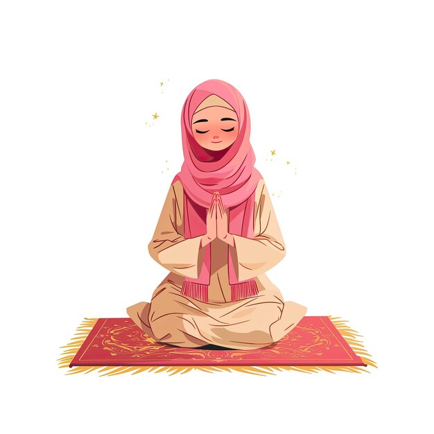 PSD muslim girl sitting on a prayer rug while cartoon illustration