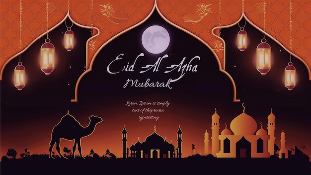 Muslim holiday Eid alAdha Celebration Background mosque with goat camel