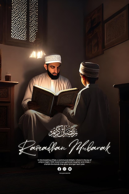 muslim kid and his dad reading quran in his bedroom backview night perfect composition