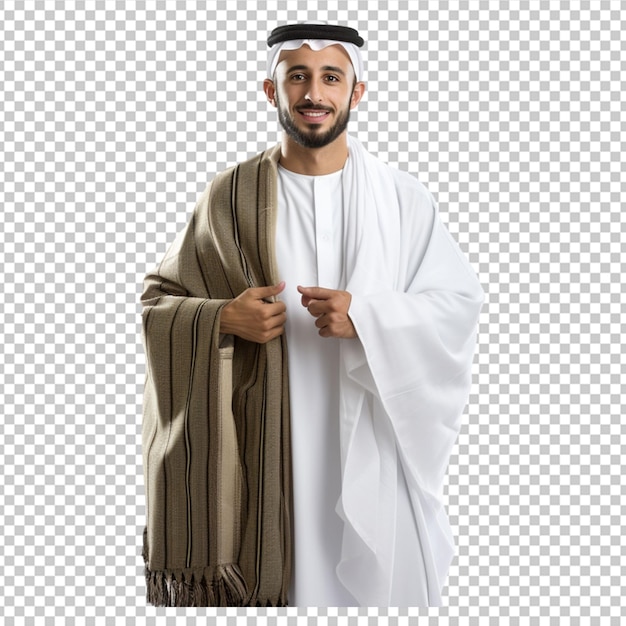 Muslim man posing as ready for Hajj visiting Kaaba in Mecca on white background