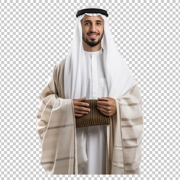 PSD muslim man posing as ready for hajj visiting kaaba in mecca on white background