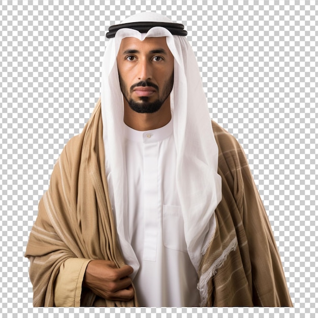 PSD muslim man posing as ready for hajj visiting kaaba in mecca on white background