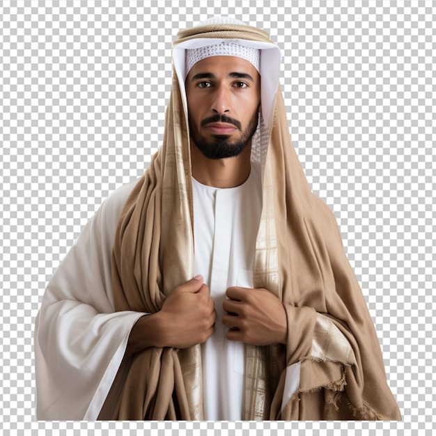 PSD muslim man posing as ready for hajj visiting kaaba in mecca on white background