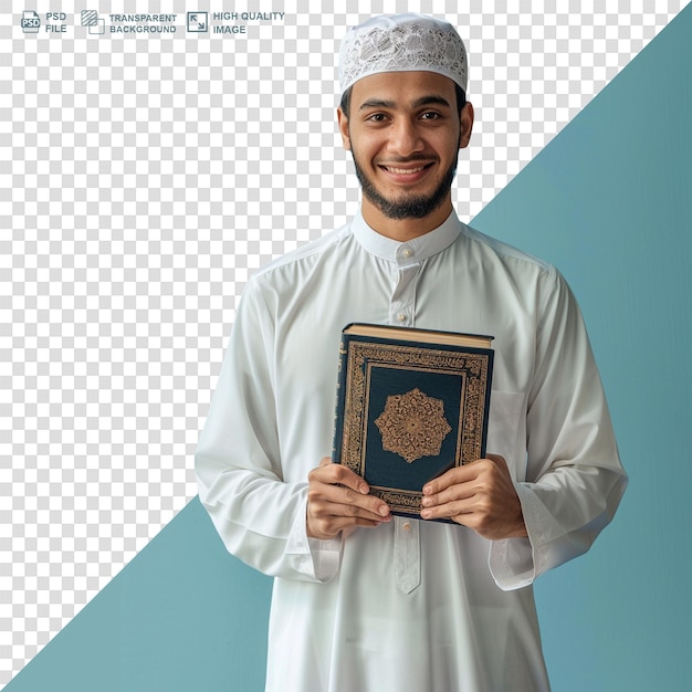 A muslim man in traditional arabic clothes holding holy book isolated