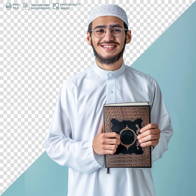 A muslim man in traditional arabic clothes holding holy book isolated