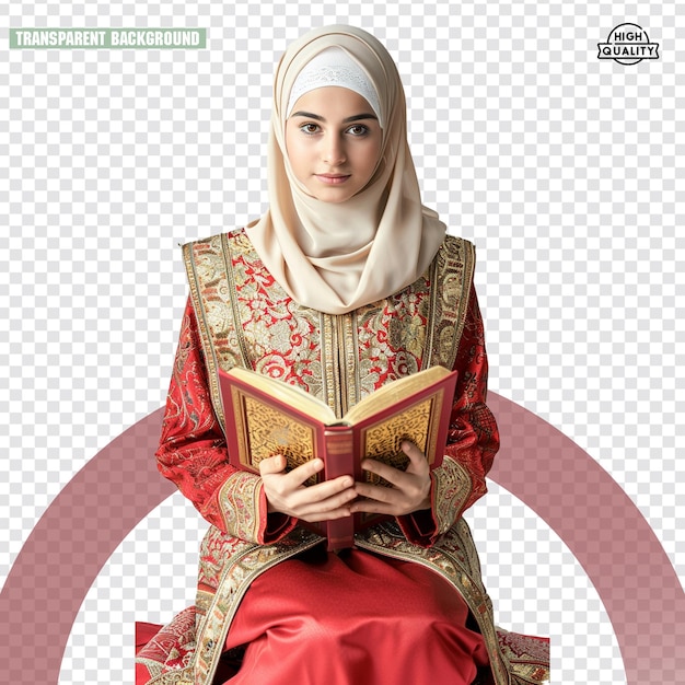 A muslim woman in traditional arabic clothes holding holy book isolated