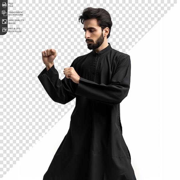 Muslim young man in black kurta isolated on a transparent background