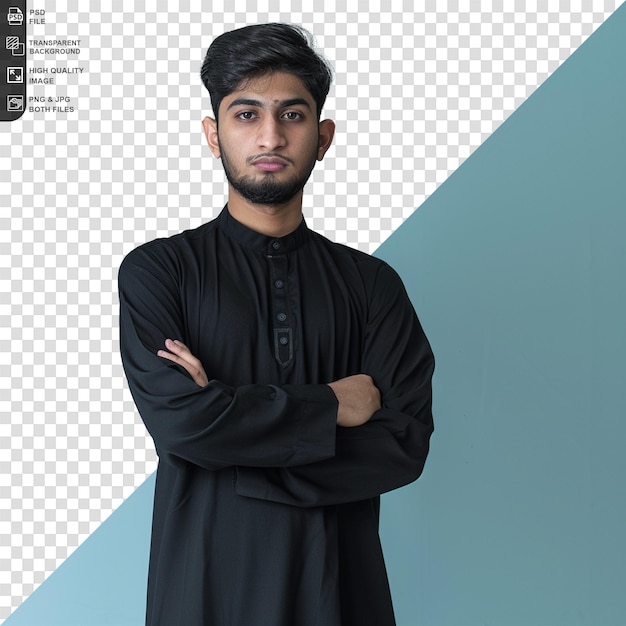 Muslim young man in black kurta isolated on a transparent background