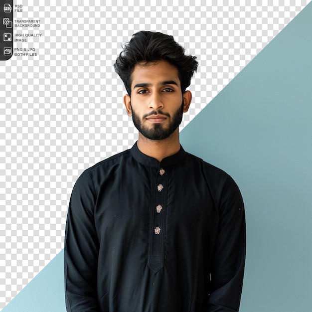 Muslim young man in black kurta isolated on a transparent background