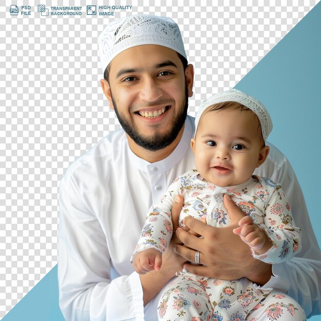 muslim young man in traditional wear and holding baby transparent background