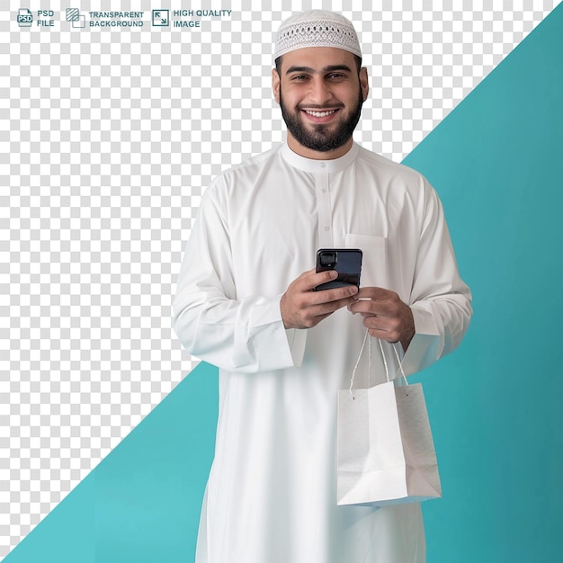 muslim young man in traditional wear with shopping bags and using mobile transparent background