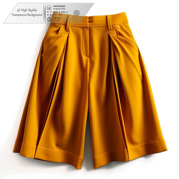 Mustard yellow culottes with a high waist and pleated front on a transparent background