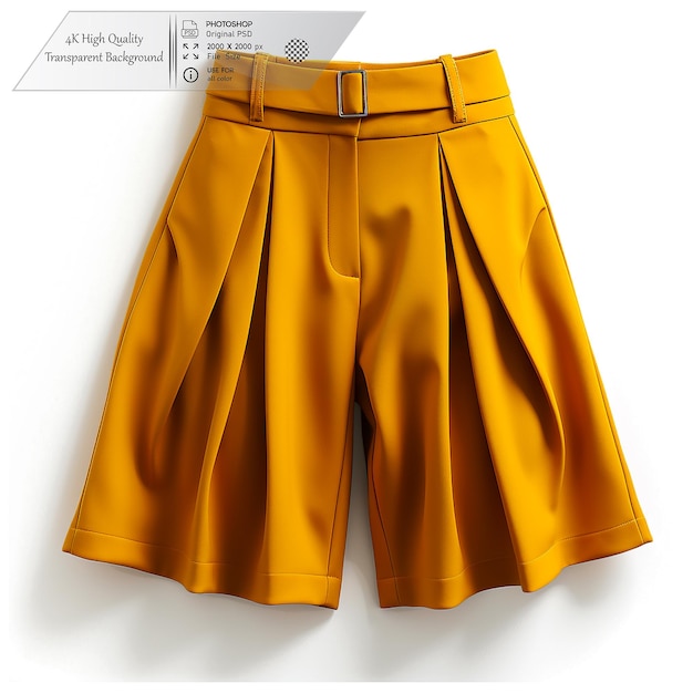 Mustard yellow culottes with a high waist and pleated front on a transparent background