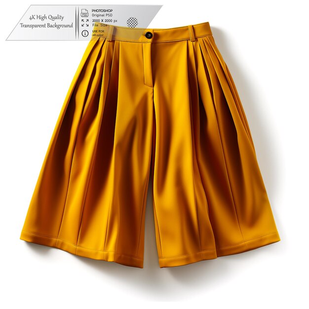 Mustard yellow culottes with a high waist and pleated front on a transparent background