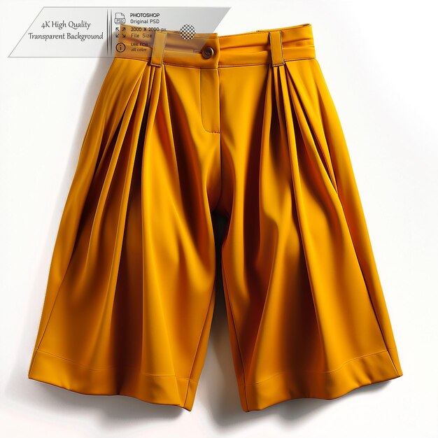 Mustard yellow culottes with a high waist and pleated front on a transparent background