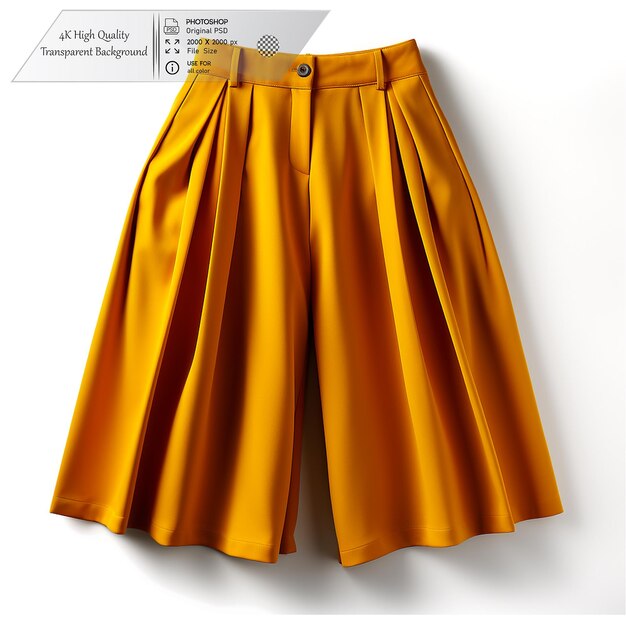 Mustard yellow culottes with a high waist and pleated front on a transparent background