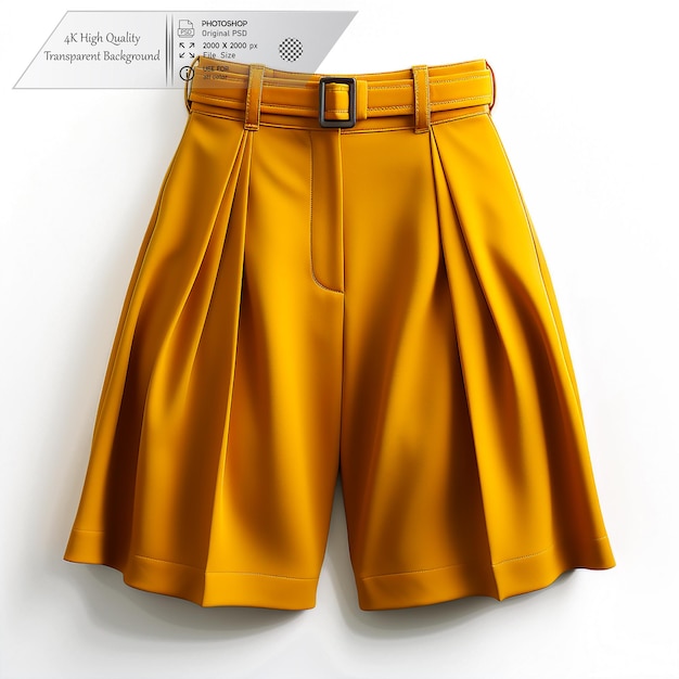 Mustard yellow culottes with a high waist and pleated front on a transparent background