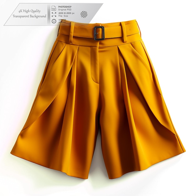 Mustard yellow culottes with a high waist and pleated front on a transparent background