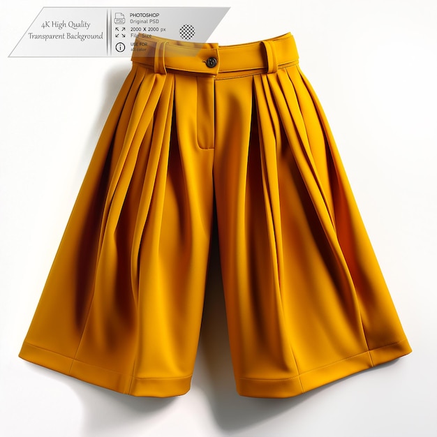 Mustard yellow culottes with a high waist and pleated front on a transparent background