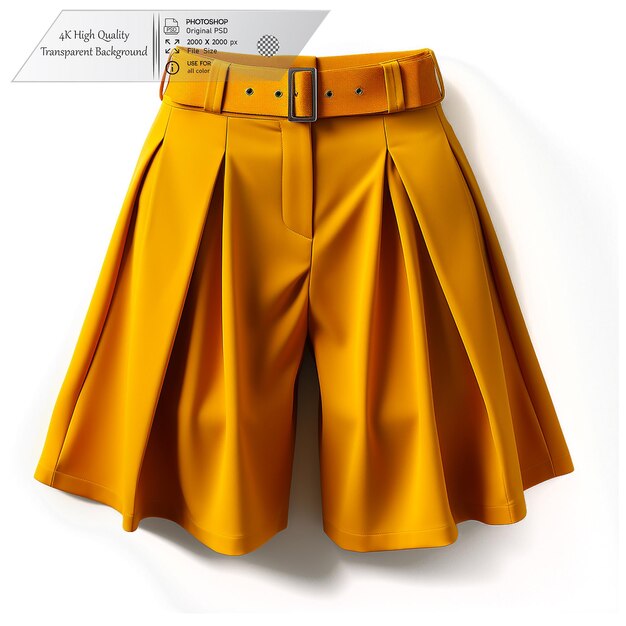 Mustard yellow culottes with a high waist and pleated front on a transparent background