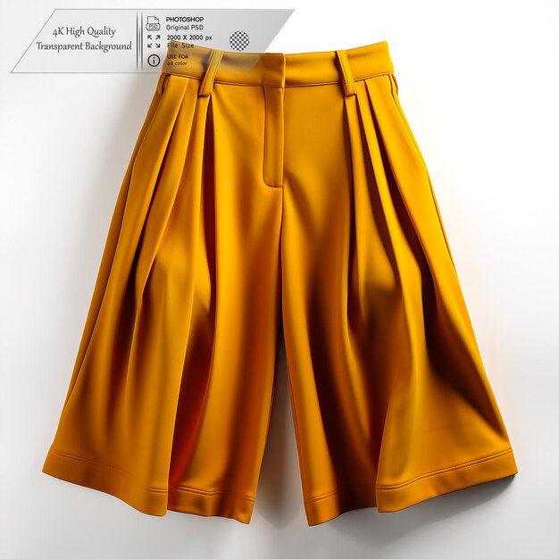 PSD mustard yellow culottes with a high waist and pleated front on a transparent background