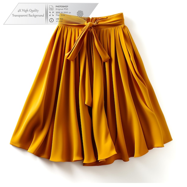 A mustard yellow midi skirt with a pleated design and elastic waistband on a transparent background