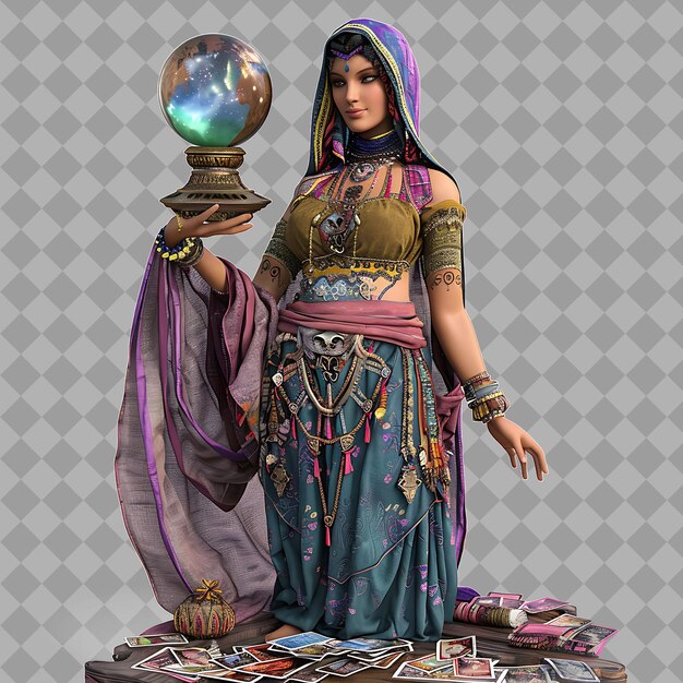 PSD mysterious gypsy fortune teller with curvy form colorful lay isolated 3d character illustration