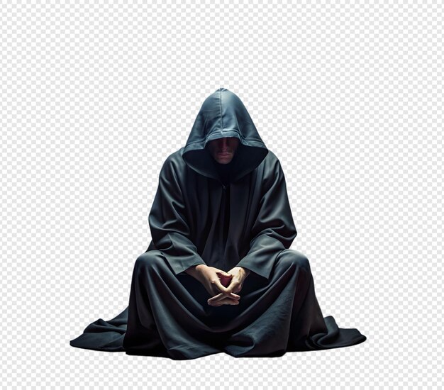 Mysterious Hooded Figure in Black Robes Dark Contemplative Gothic Character