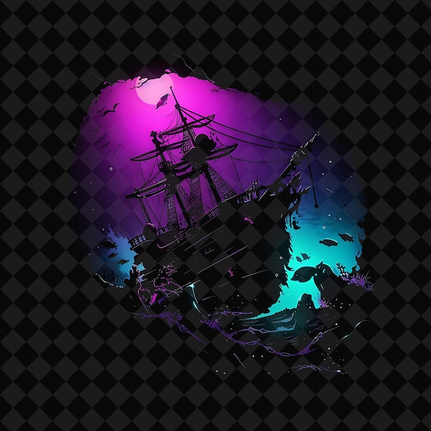 PSD mysterious neon treasure under the ocean inside a silhouette png y2k ocean of light collections